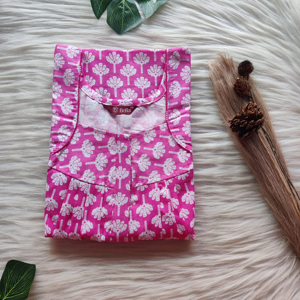 White Floral Printed Pink Premium Cotton Pleated Zip Nighty | Free Size | Chest Width 44″| Length 54″-55″