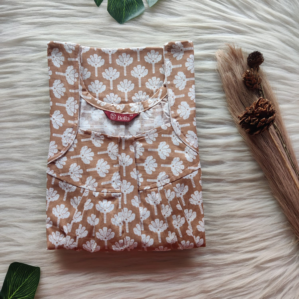 White Floral Printed Brown Premium Cotton Pleated Zip Nighty | Free Size | Chest Width 44″| Length 54″-55″