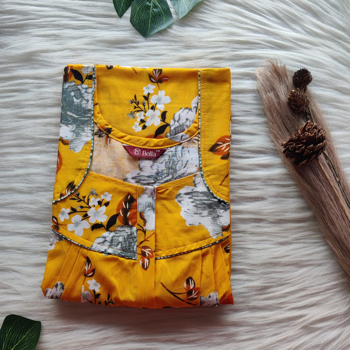 Yellow Floral Printed Premium Cotton Pleated Zip Nighty | Free Size | Chest Width 44″| Length 54″-55″
