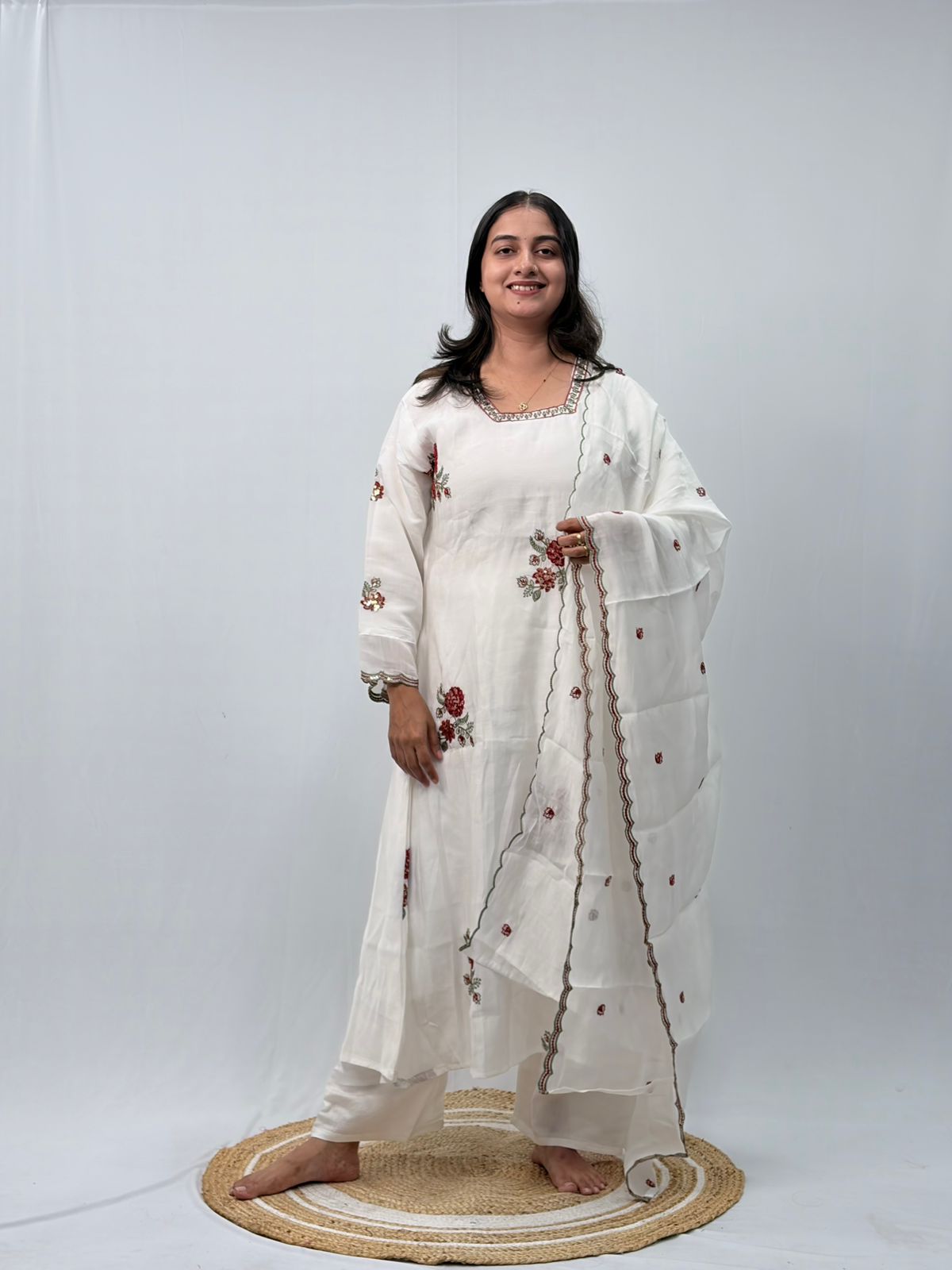 Maroon Floral Embroidered White 3 Piece Set