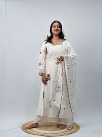 Maroon Floral Embroidered White 3 Piece Set