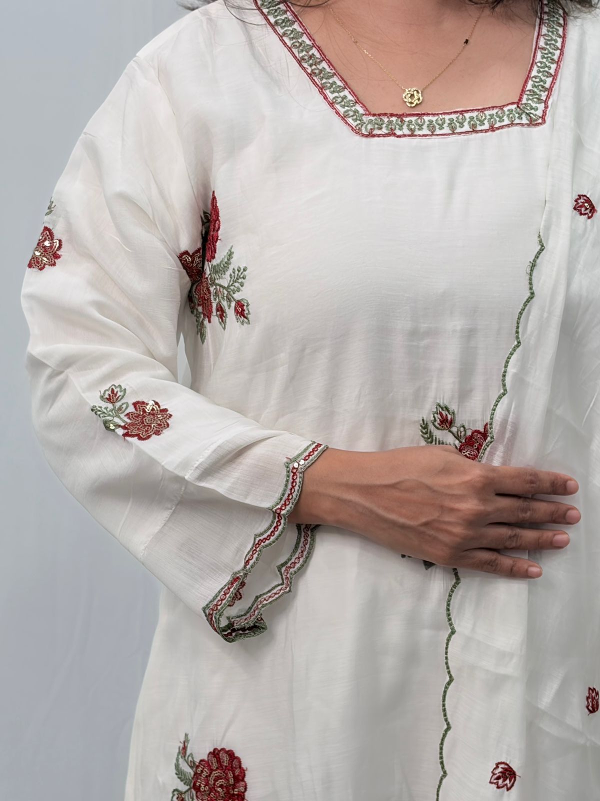 Maroon Floral Embroidered White 3 Piece Set
