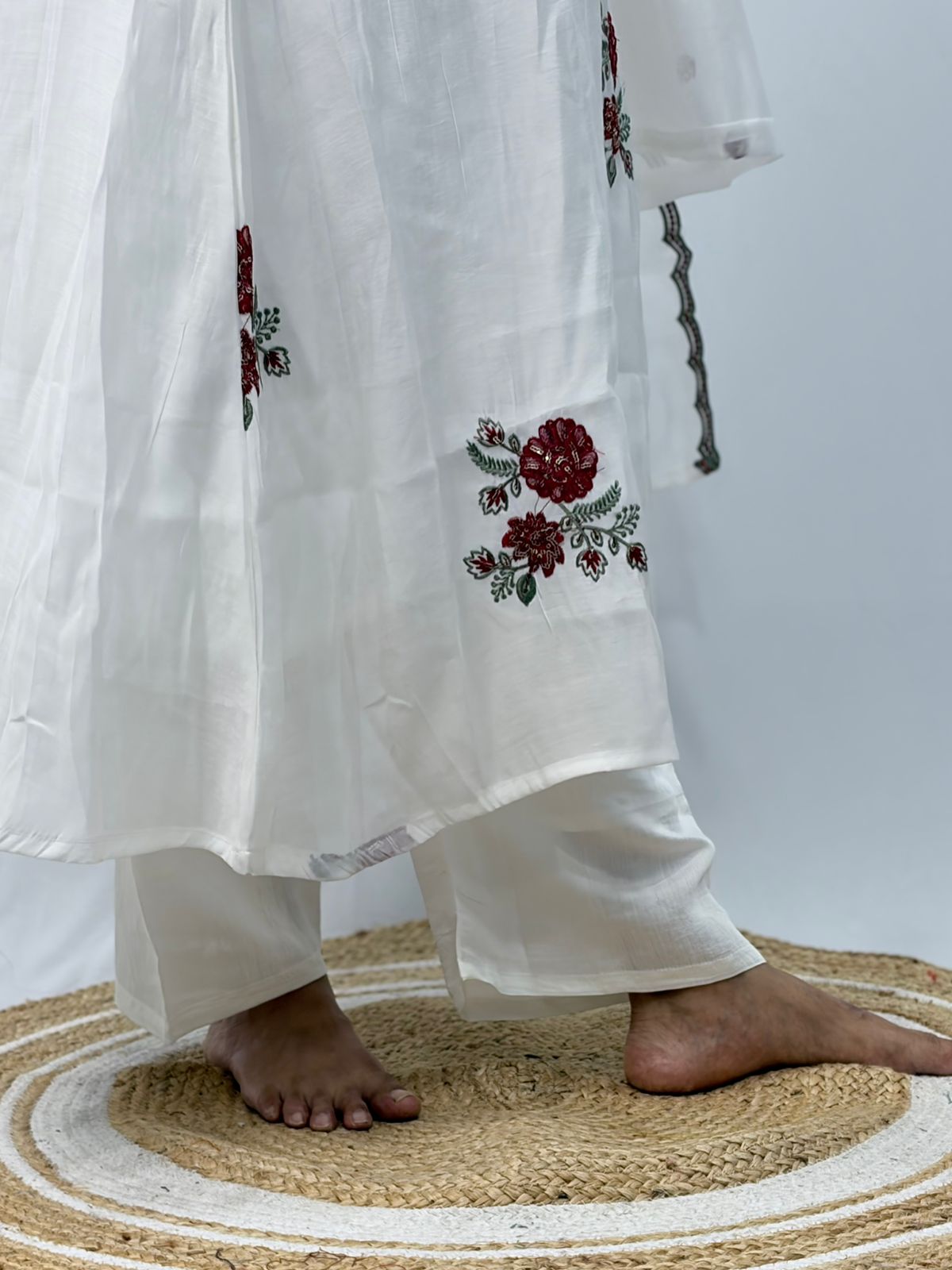Maroon Floral Embroidered White 3 Piece Set