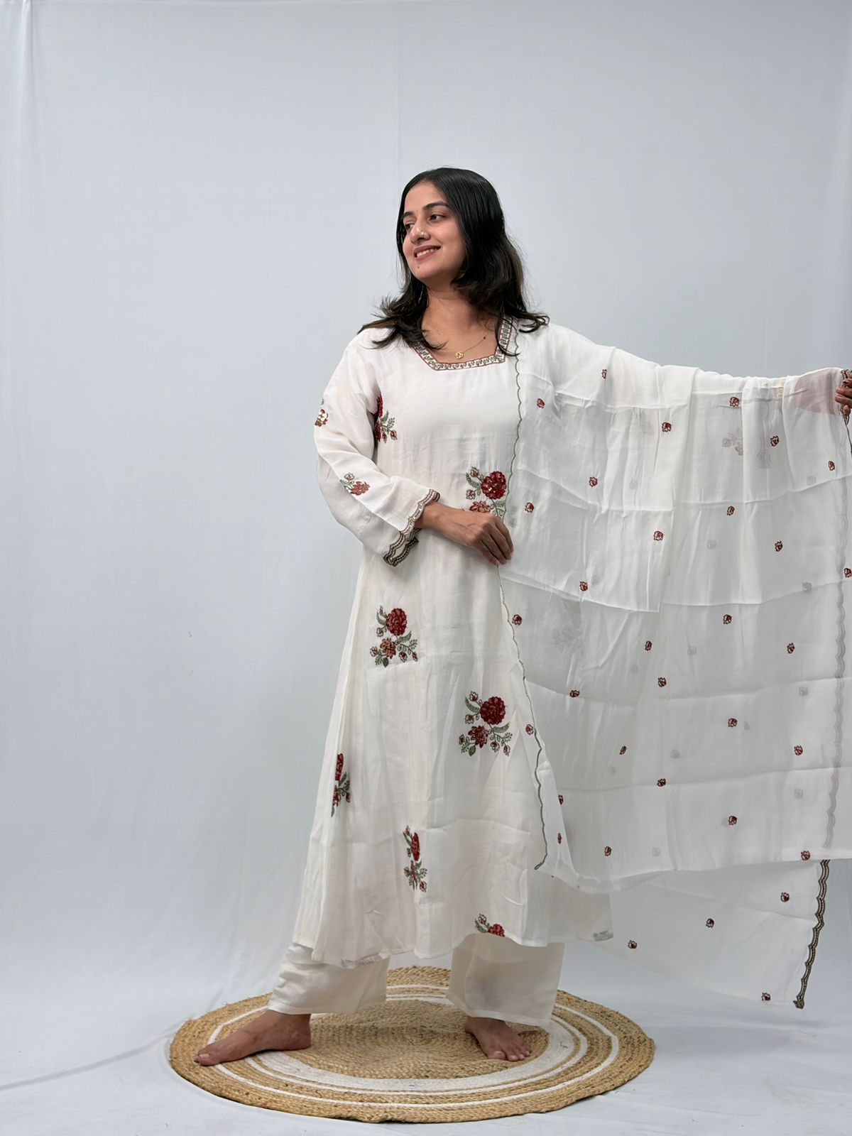 Maroon Floral Embroidered White 3 Piece Set