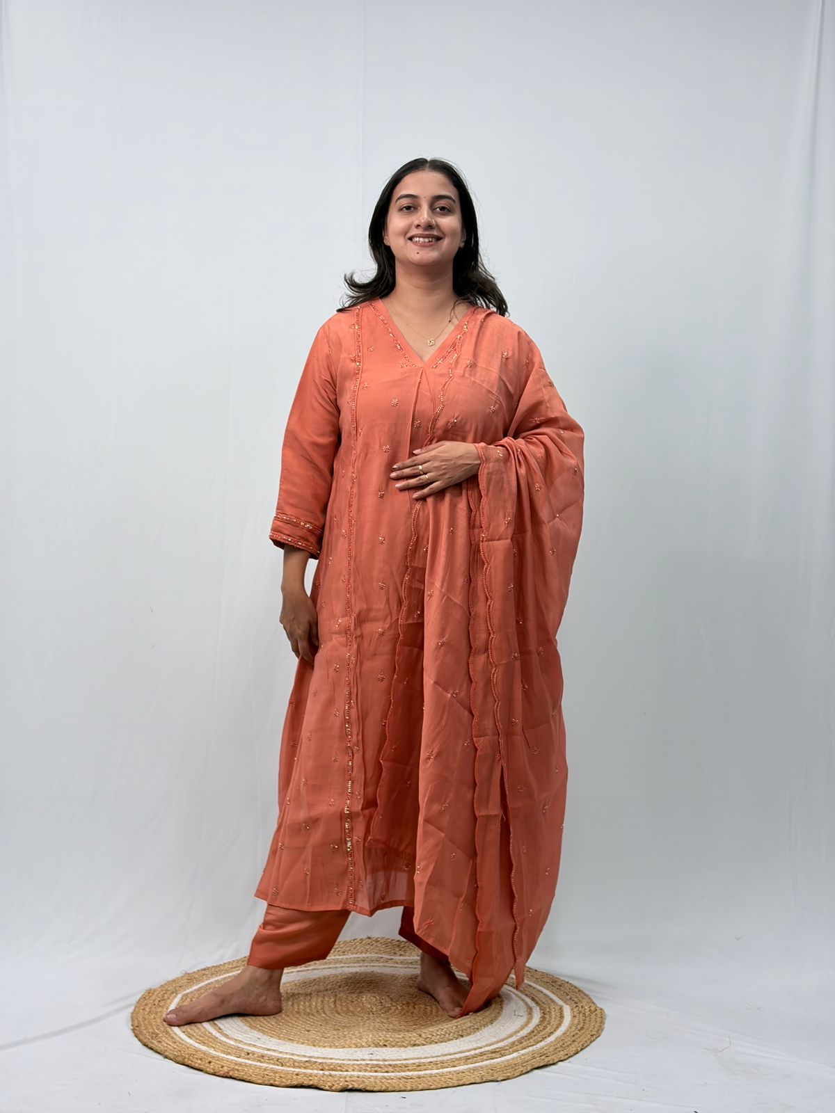 Pastel Orange Embroidered 3 Piece Set