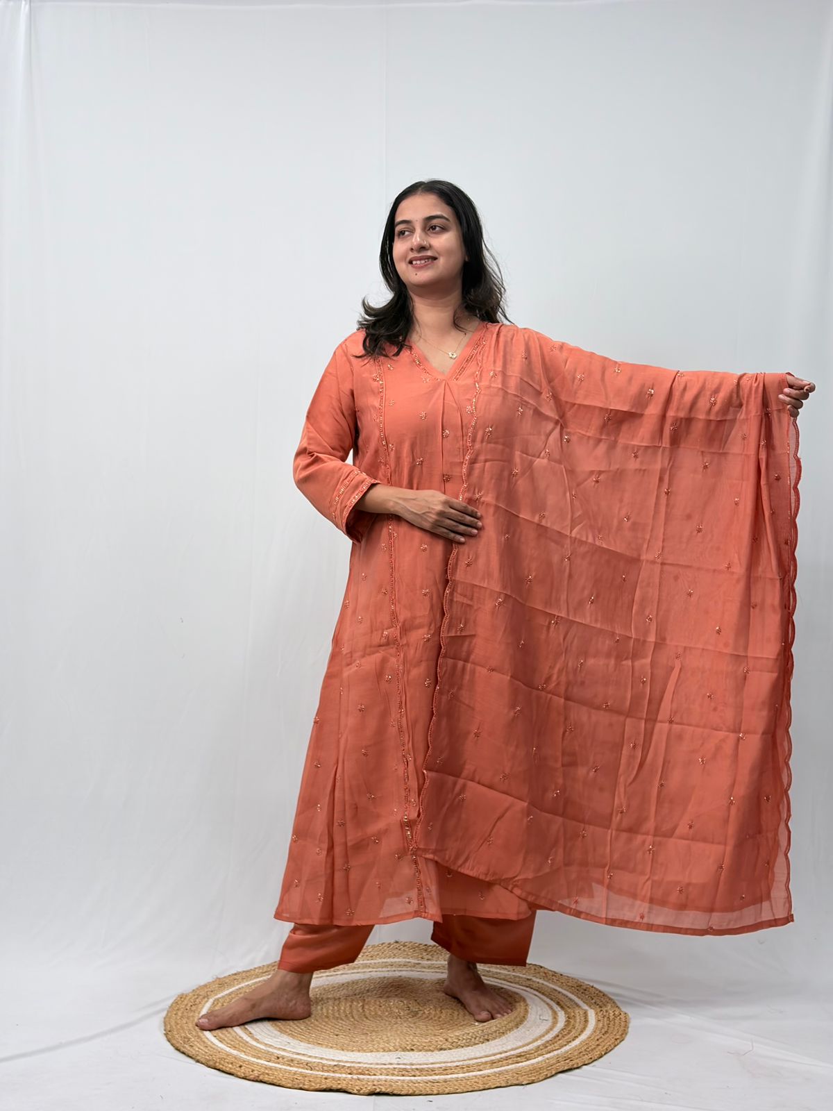 Pastel Orange Embroidered 3 Piece Set