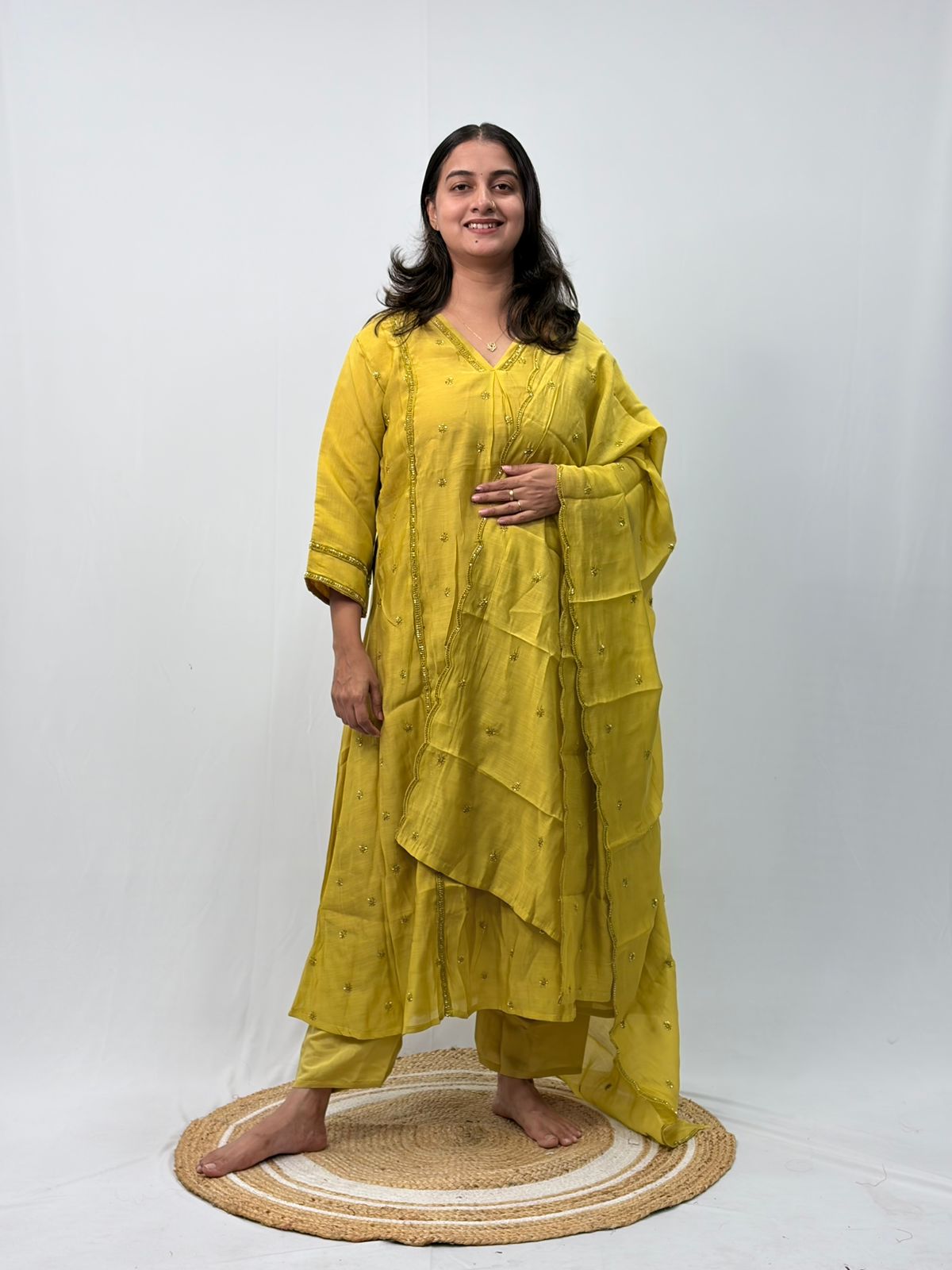 Lemon Yellow Embroidered 3 Piece Set
