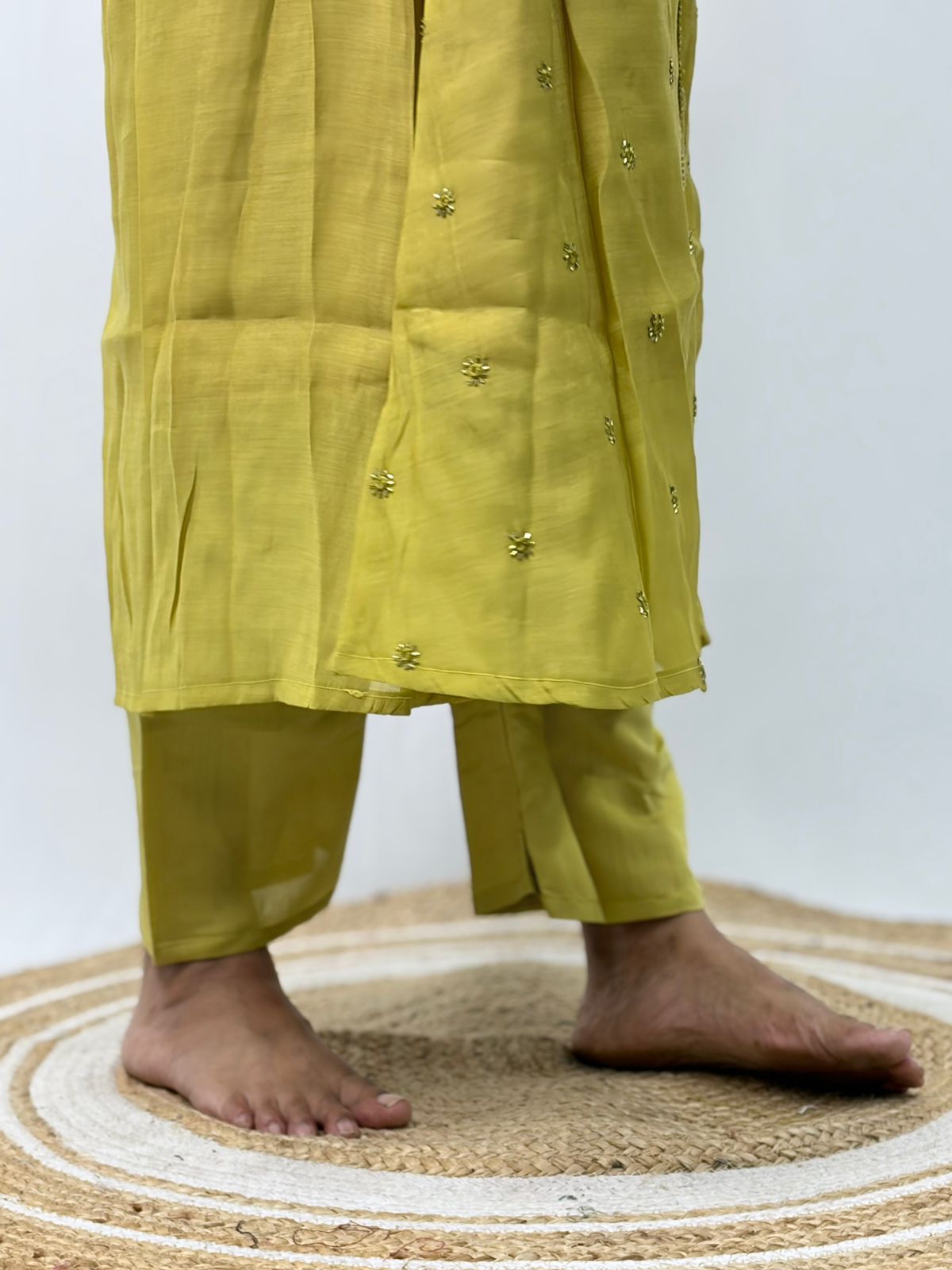 Lemon Yellow Embroidered 3 Piece Set
