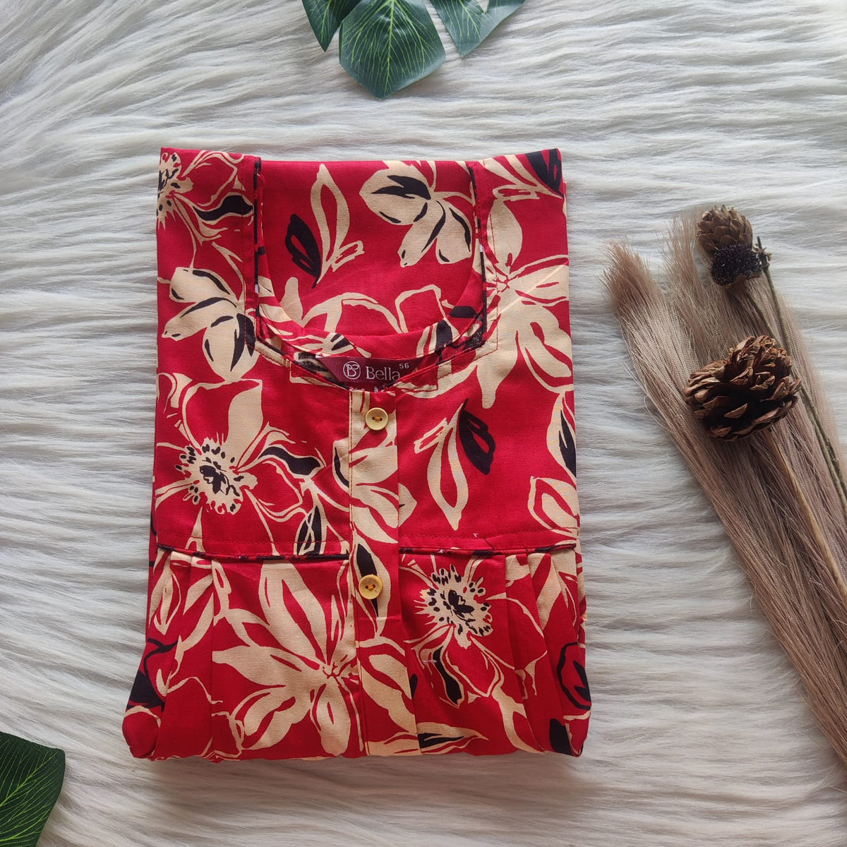 Yellow Floral Printed Red Premium Cotton Button Zip Nighty | Free Size | Chest Width 44″| Length 55″-56″