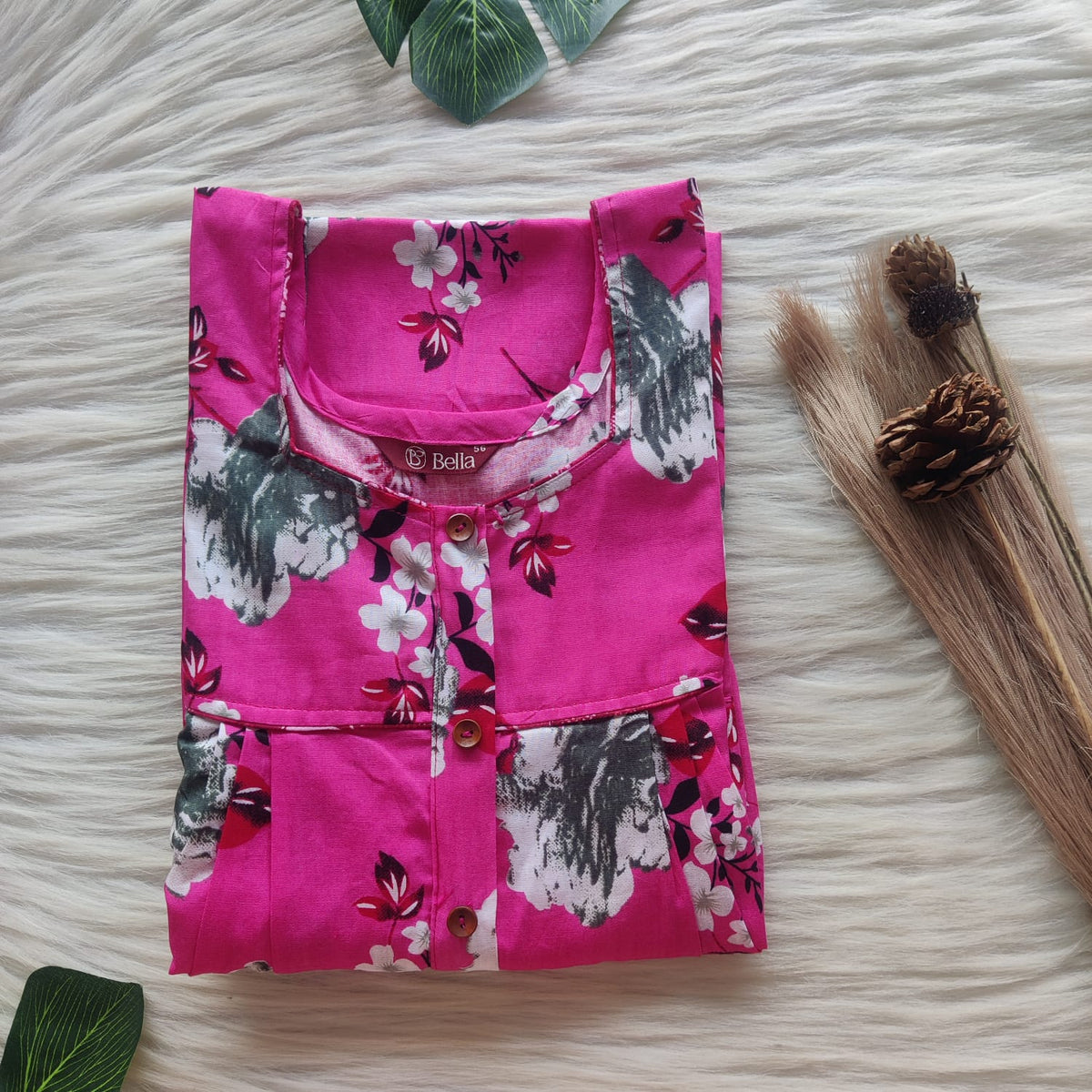 Grey Floral Printed Pink Premium Cotton Button Zip Nighty | Free Size | Chest Width 44″| Length 55″-56″