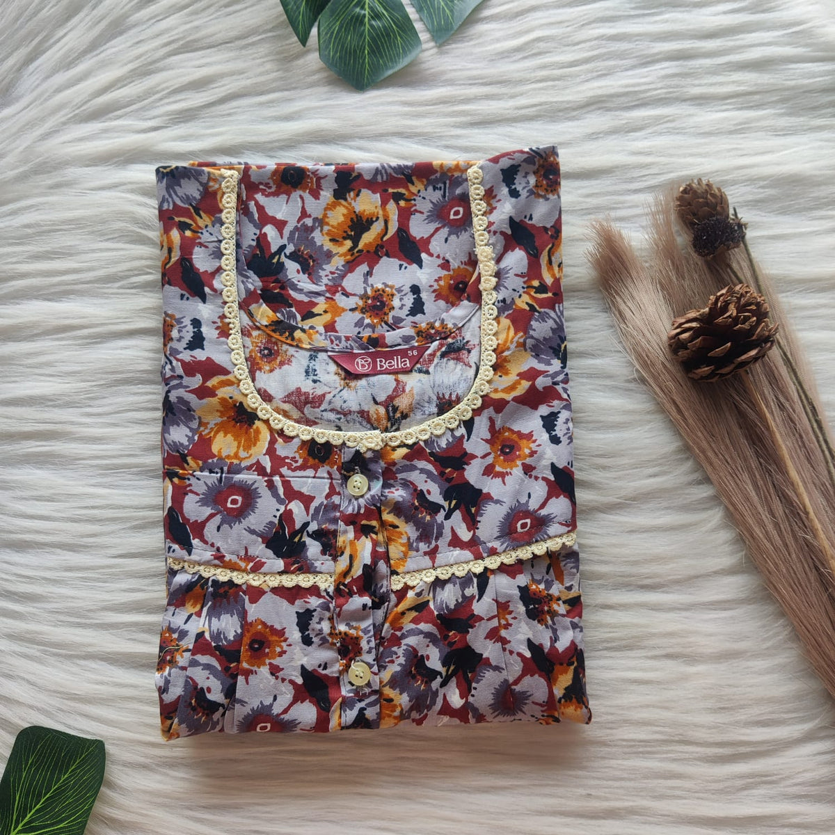 Grey And Brown Floral Premium Cotton Lace Button Nighty | Free Size | Chest Width 44"| Length 54"-56"