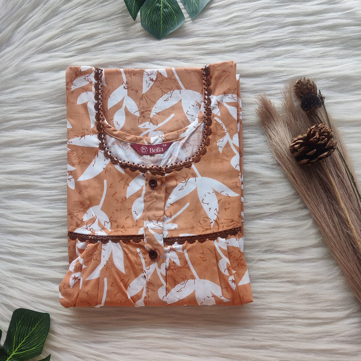 White Leaf Printed Brown Premium Cotton Lace Button Nighty | Free Size | Chest Width 44"| Length 54"-56"
