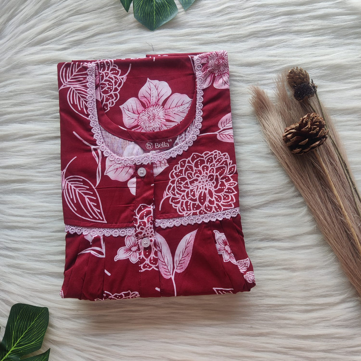 White Floral Printed Maroon Premium Cotton Lace Button Nighty | Free Size | Chest Width 44"| Length 54"-56"