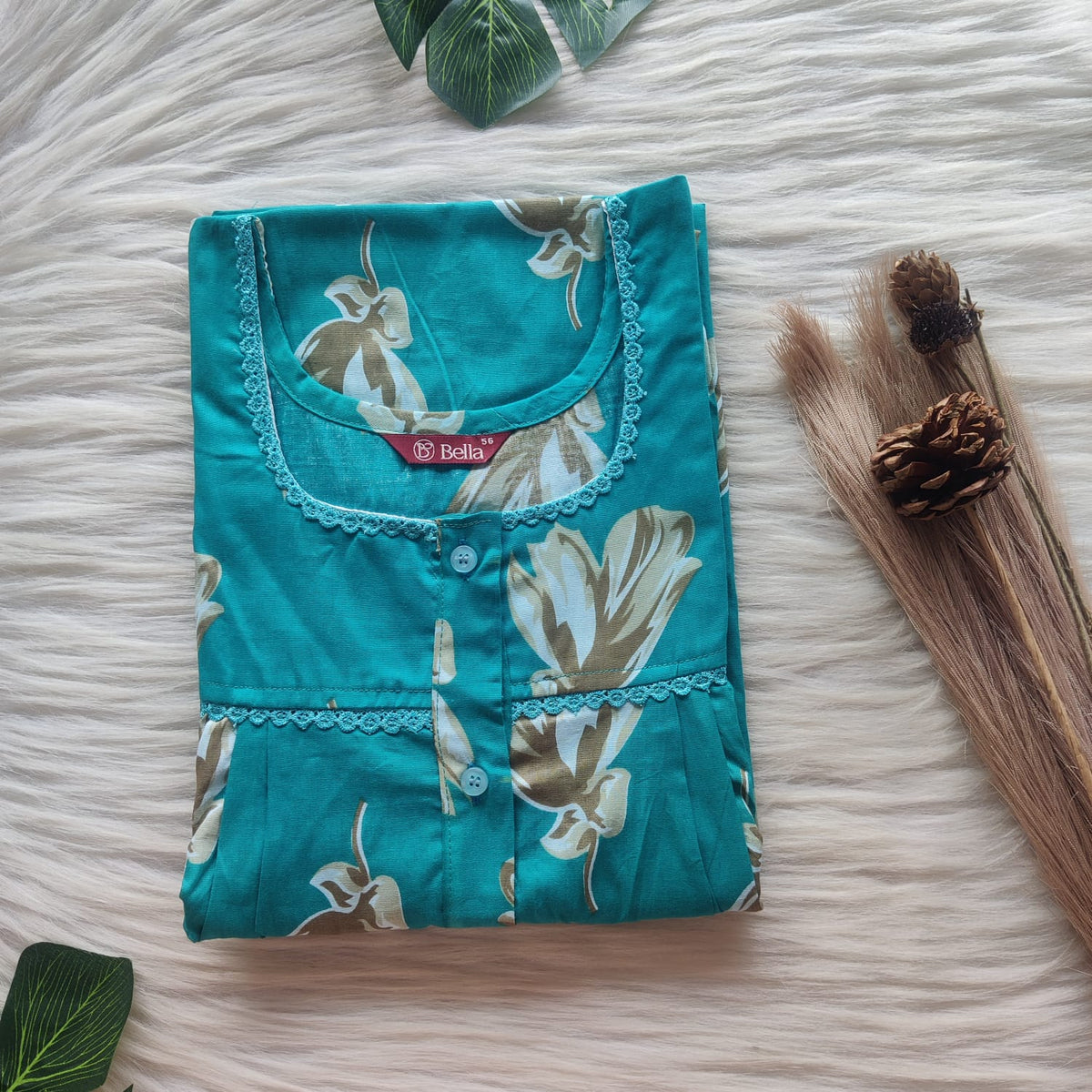 Aqua Green Floral Premium Cotton Lace Button Nighty | Free Size | Chest Width 44"| Length 54"-56"