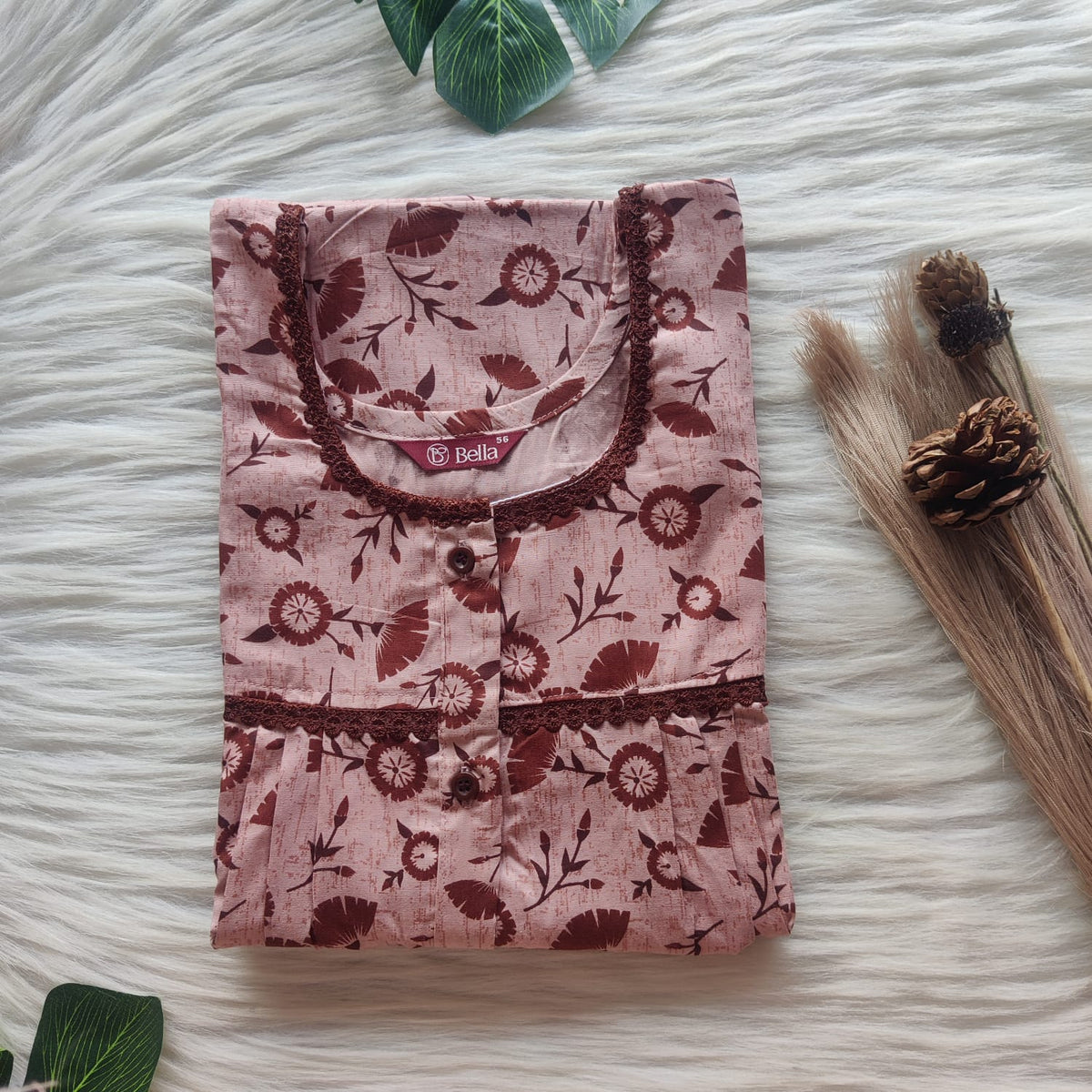 Pastel Brown Premium Cotton Lace Button Nighty | Free Size | Chest Width 44"| Length 54"-56"