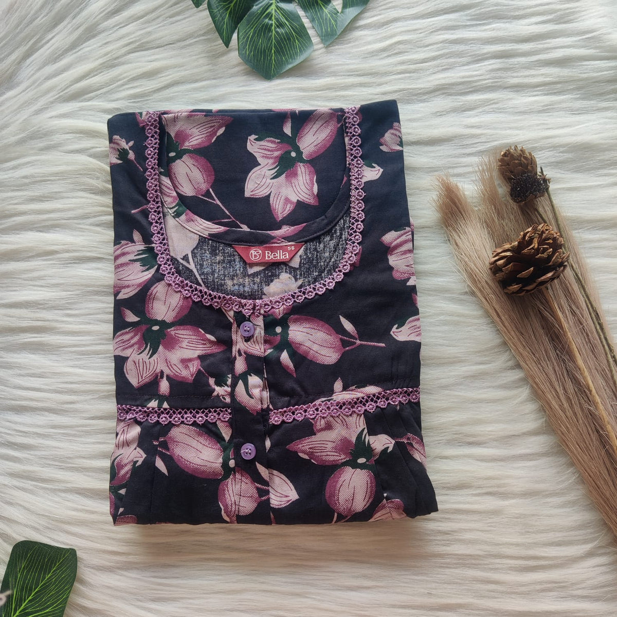 Mauve Floral Printed Black  Premium Cotton Lace Button Nighty | Free Size | Chest Width 44"| Length 54"-56"