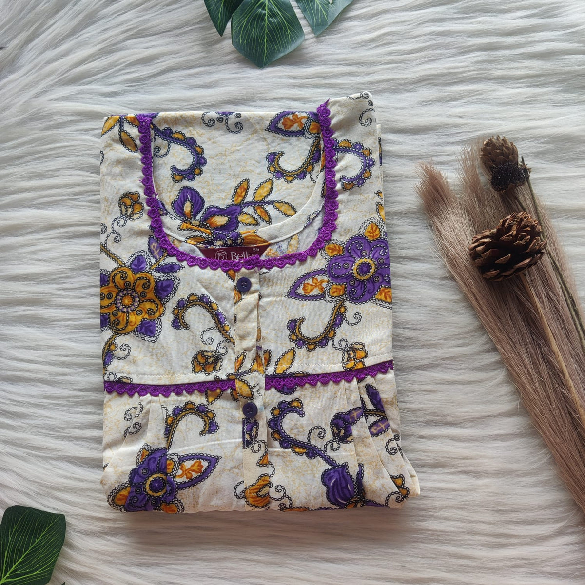 Purple Floral Printed Pale Yellow Premium Cotton Lace Button Nighty | Free Size | Chest Width 44"| Length 54"-56"