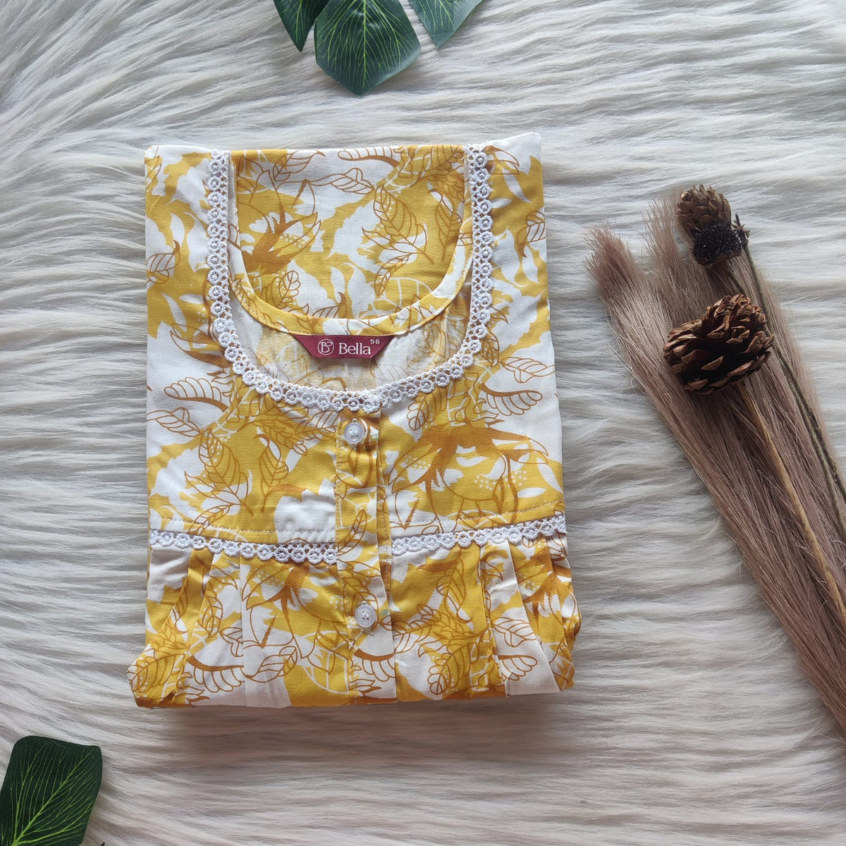 White Floral Printed Yellow Premium Cotton Lace Button Nighty | Free Size | Chest Width 44"| Length 54"-56"