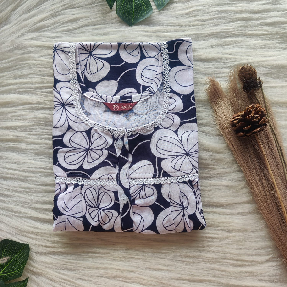 White Floral Printed Navy-Blue Premium Cotton Lace Button Nighty | Free Size | Chest Width 44"| Length 54"-56"