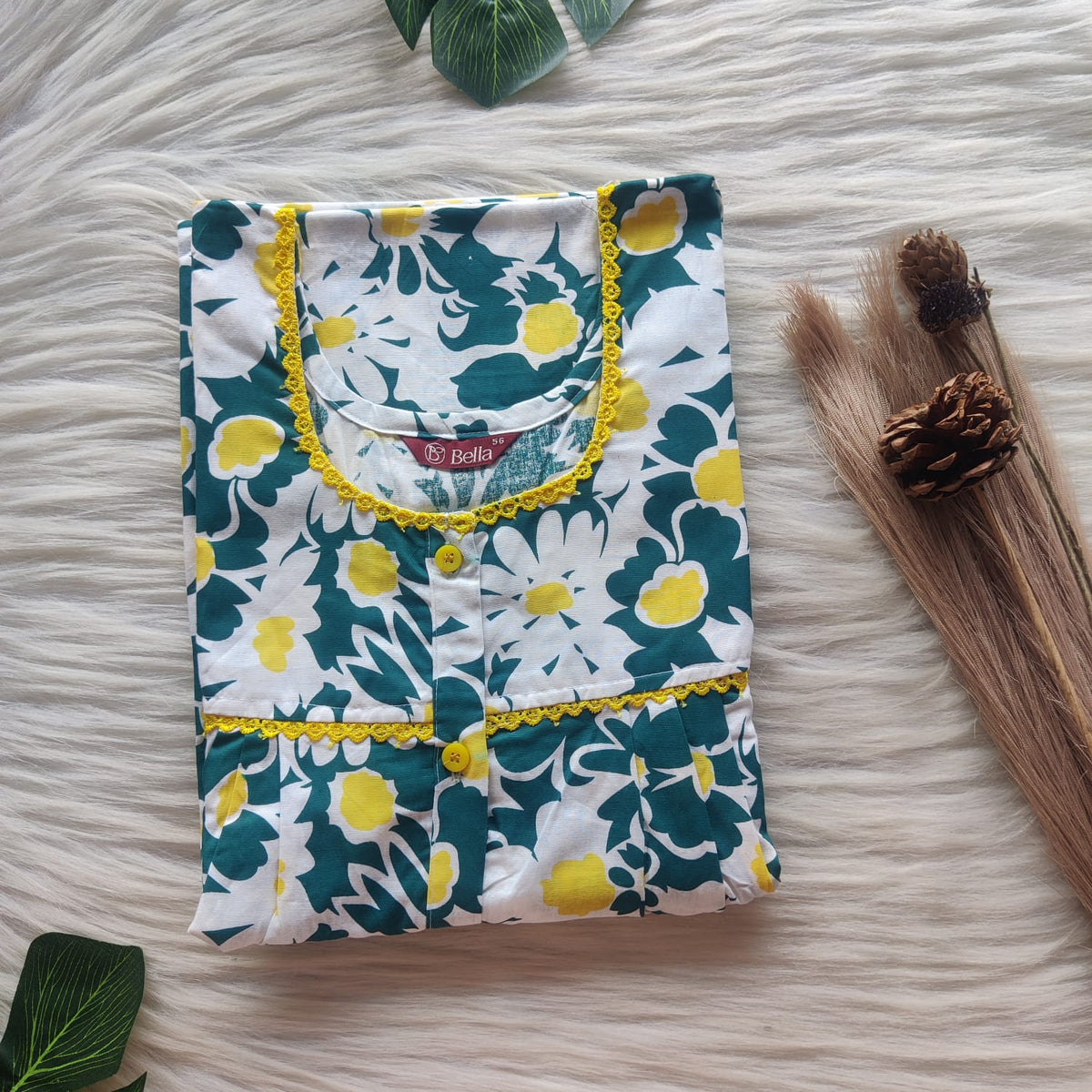 White Floral Printed Green Premium Cotton Lace Button Nighty | Free Size | Chest Width 44"| Length 54"-56"