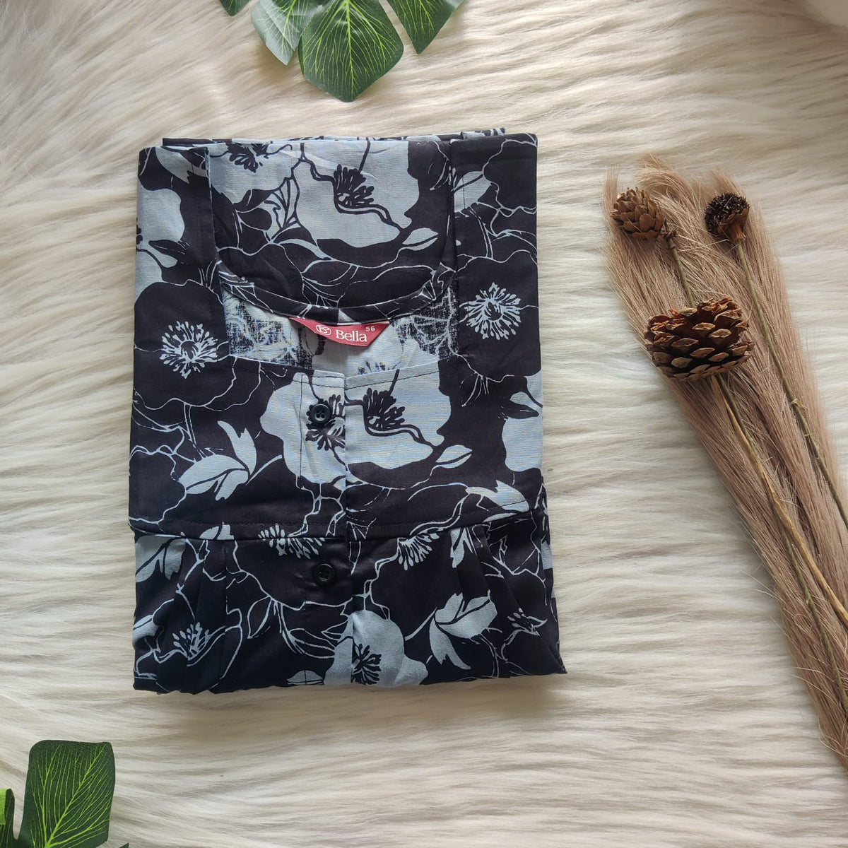 Ash Blue Floral Printed Black Premium Cotton Full Open Labour Room Nighty | Free Size | Chest Width 44"| Length 54"-56"