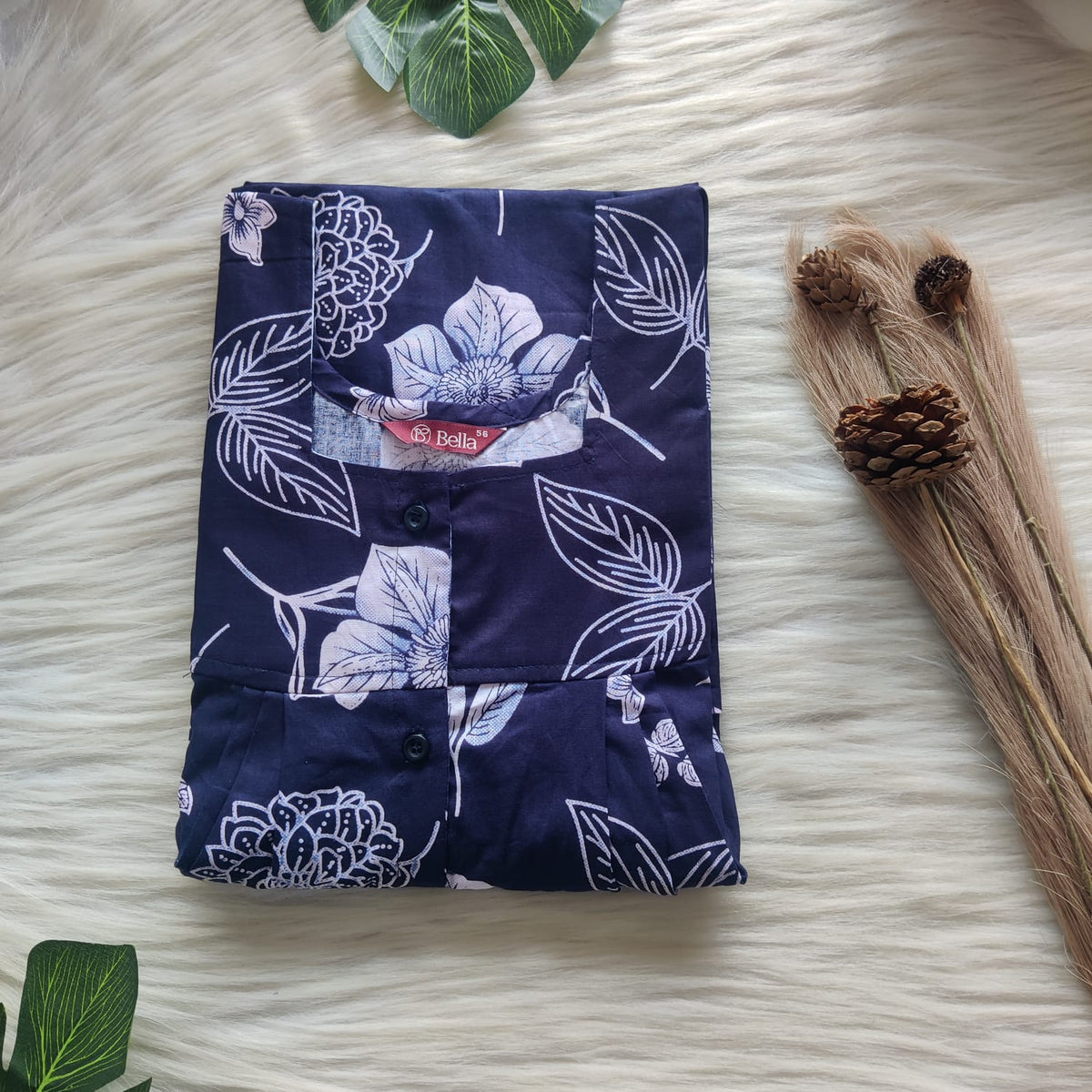 White Floral Printed Navy Blue Premium Cotton Full Open Labour Room Nighty | Free Size | Chest Width 44"| Length 54"-56"