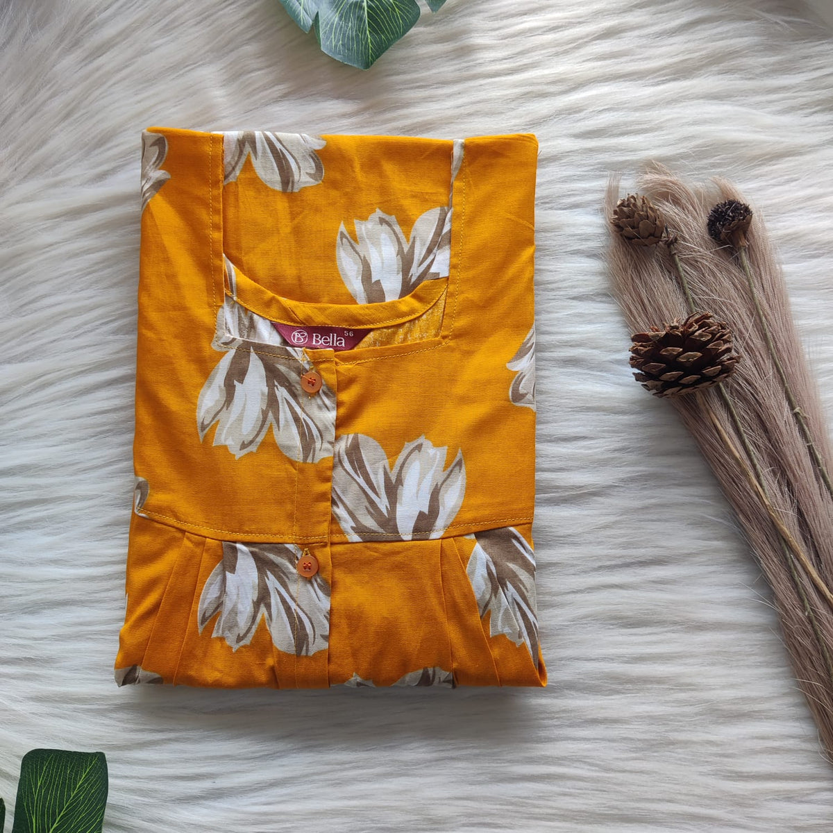 Yellow Floral Printed Premium Cotton Full Open Labour Room Nighty | Free Size | Chest Width 44"| Length 54"-56"