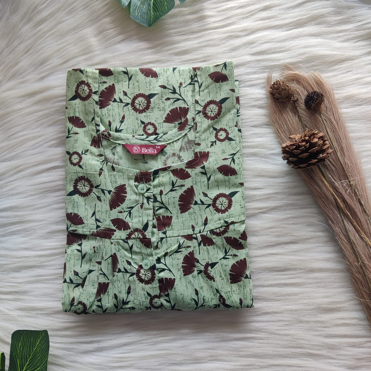 Pastel Green And Brown Floral Premium Cotton Full Open Labour Room Nighty | Free Size | Chest Width 44"| Length 54"-56"