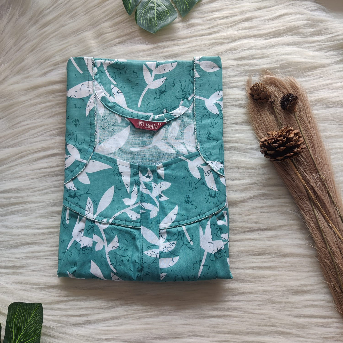 White Leaf Printed Blue Premium Cotton Pleated Zip Nighty | Free Size | Chest Width 44″| Length 54″-55″