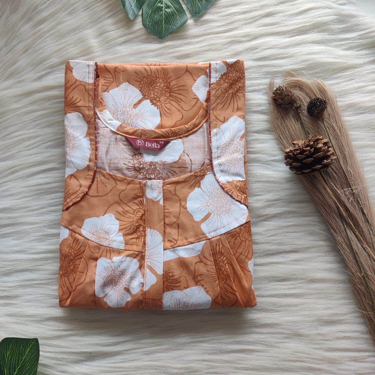 White Floral Printed Orange Premium Cotton Pleated Zip Nighty | Free Size | Chest Width 44″| Length 54″-55″