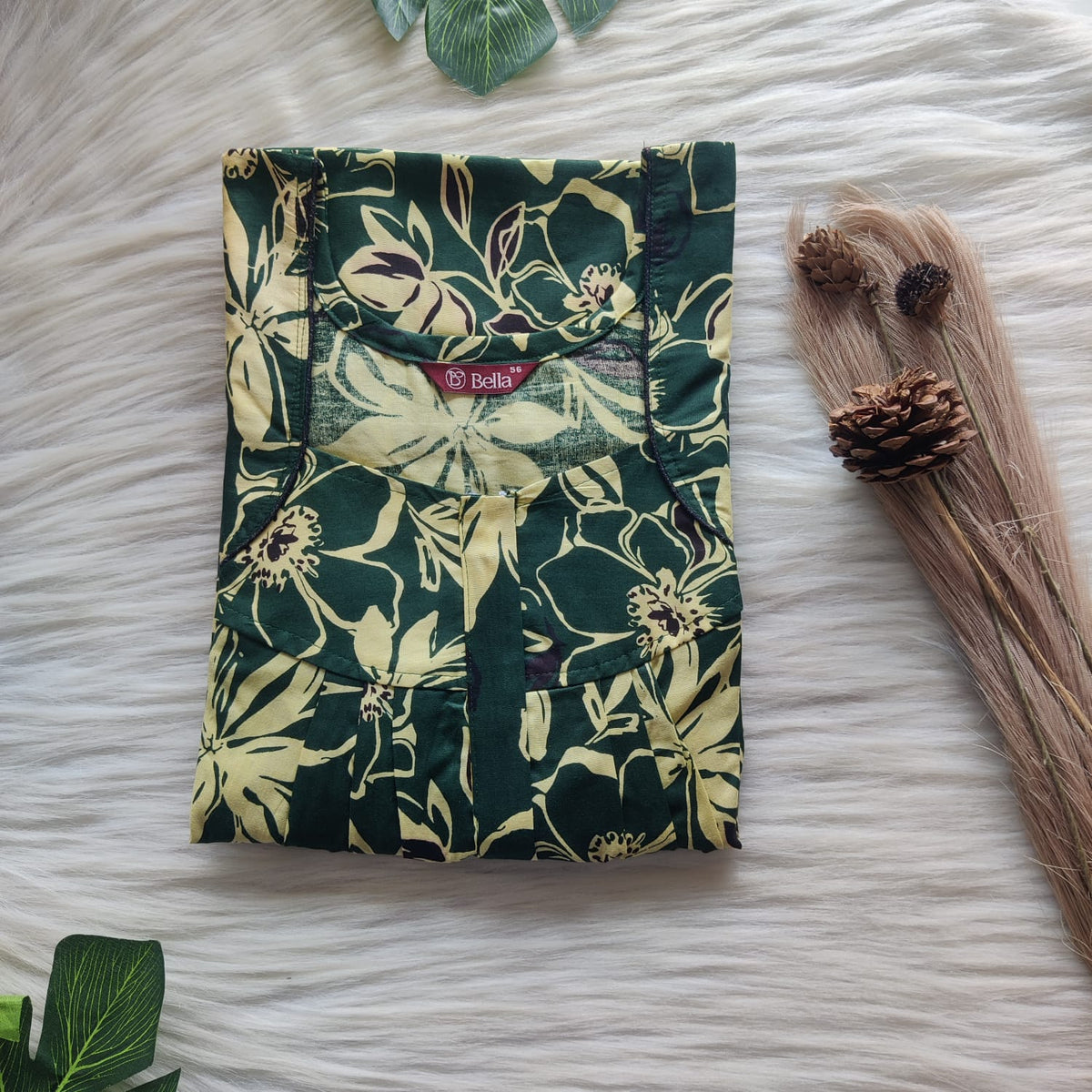 Yellow Floral Printed Green Premium Cotton Pleated Zip Nighty | Free Size | Chest Width 44″| Length 54″-55″