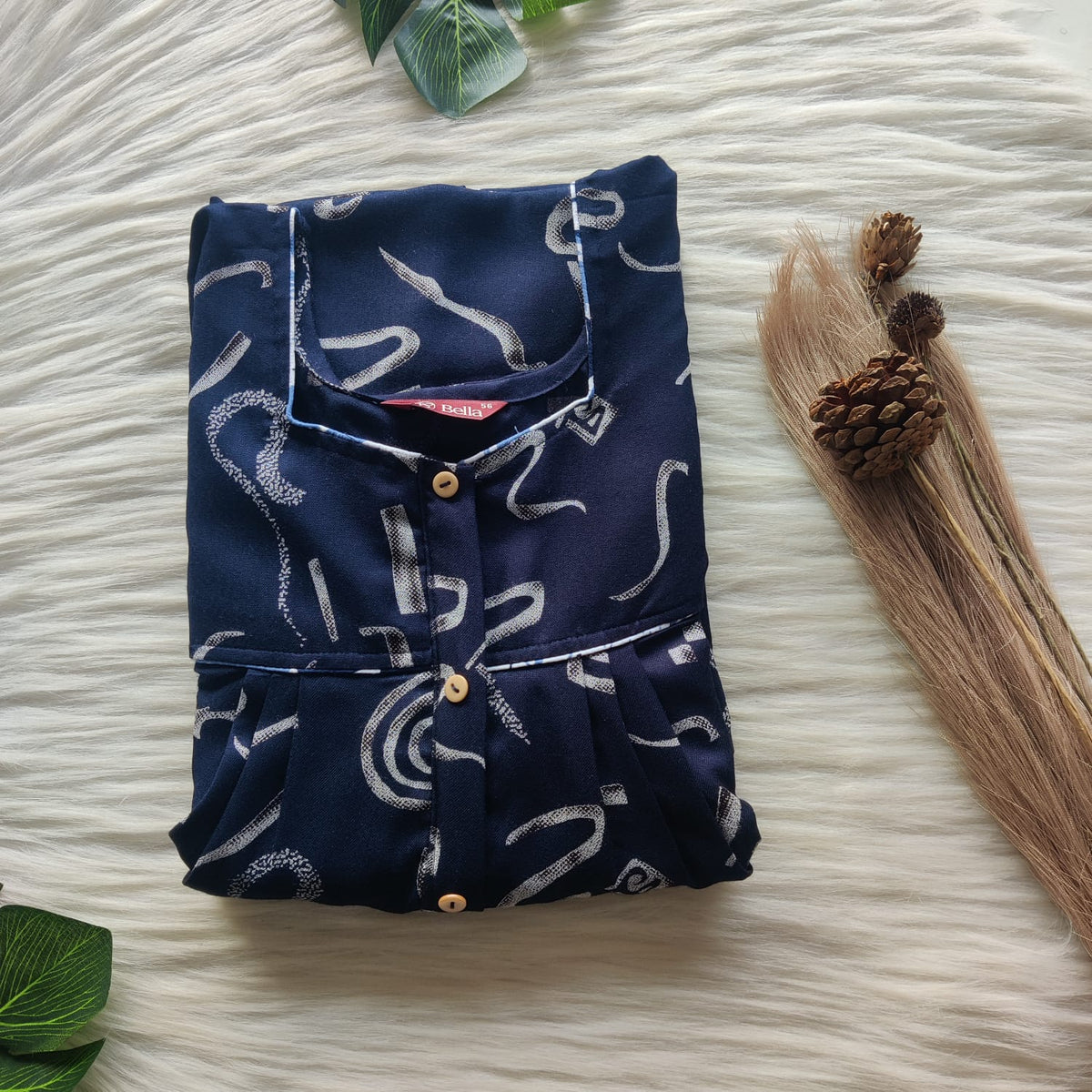 Navy Blue Printed Alfine Button Zip Nighty | Free Size | Chest Width 44″| Length 54″-56″