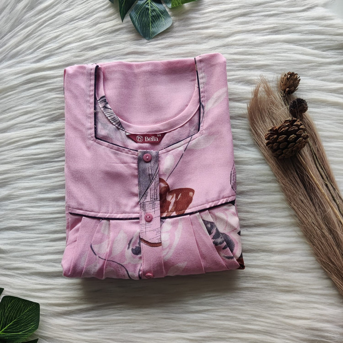 Pastel Pink Printed Alfine Button Zip Nighty | Free Size | Chest Width 44″| Length 54″-56″
