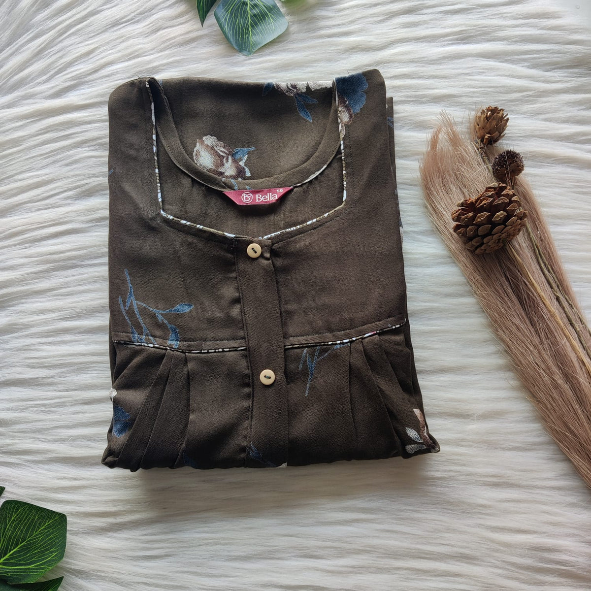 Olive Green Printed Alfine Button Zip Nighty | Free Size | Chest Width 44″| Length 54″-56″