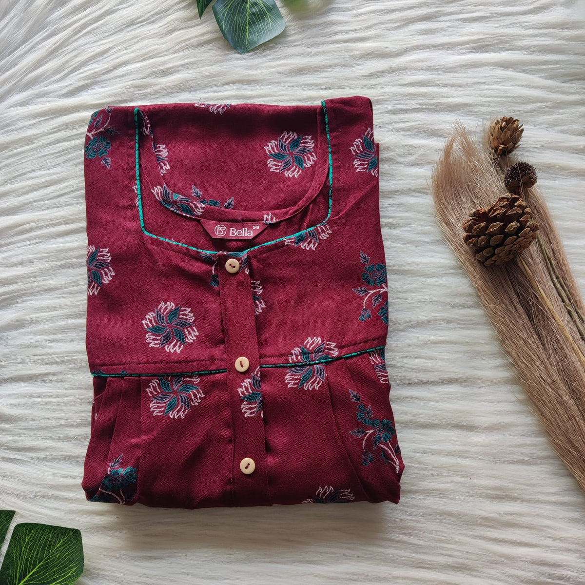 Maroon Printed Alfine Button Zip Nighty | Free Size | Chest Width 44″| Length 54″-56″