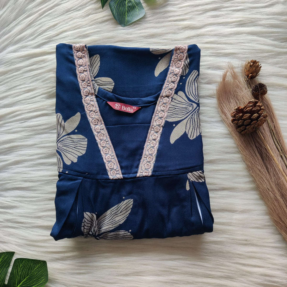 Navy Blue Floral Printed Alfine Two Side Vertical Zip Lace Nighty | Free Size | Chest Width 44″ | Length 56″