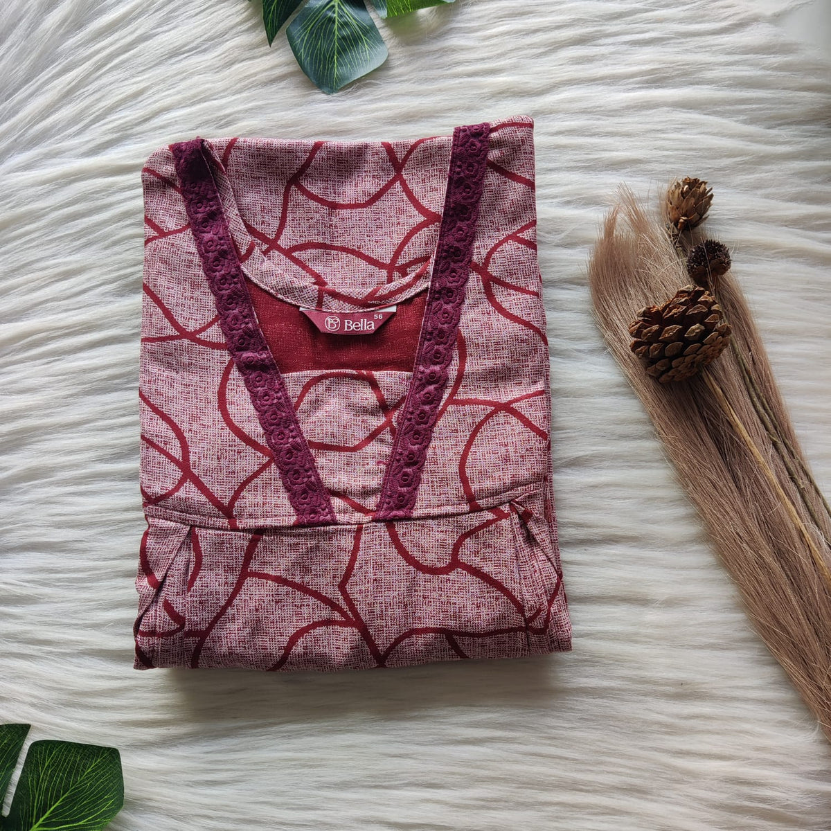 White Printed Maroon Alfine Two Side Vertical Zip Lace Nighty | Free Size | Chest Width 44″ | Length 56″
