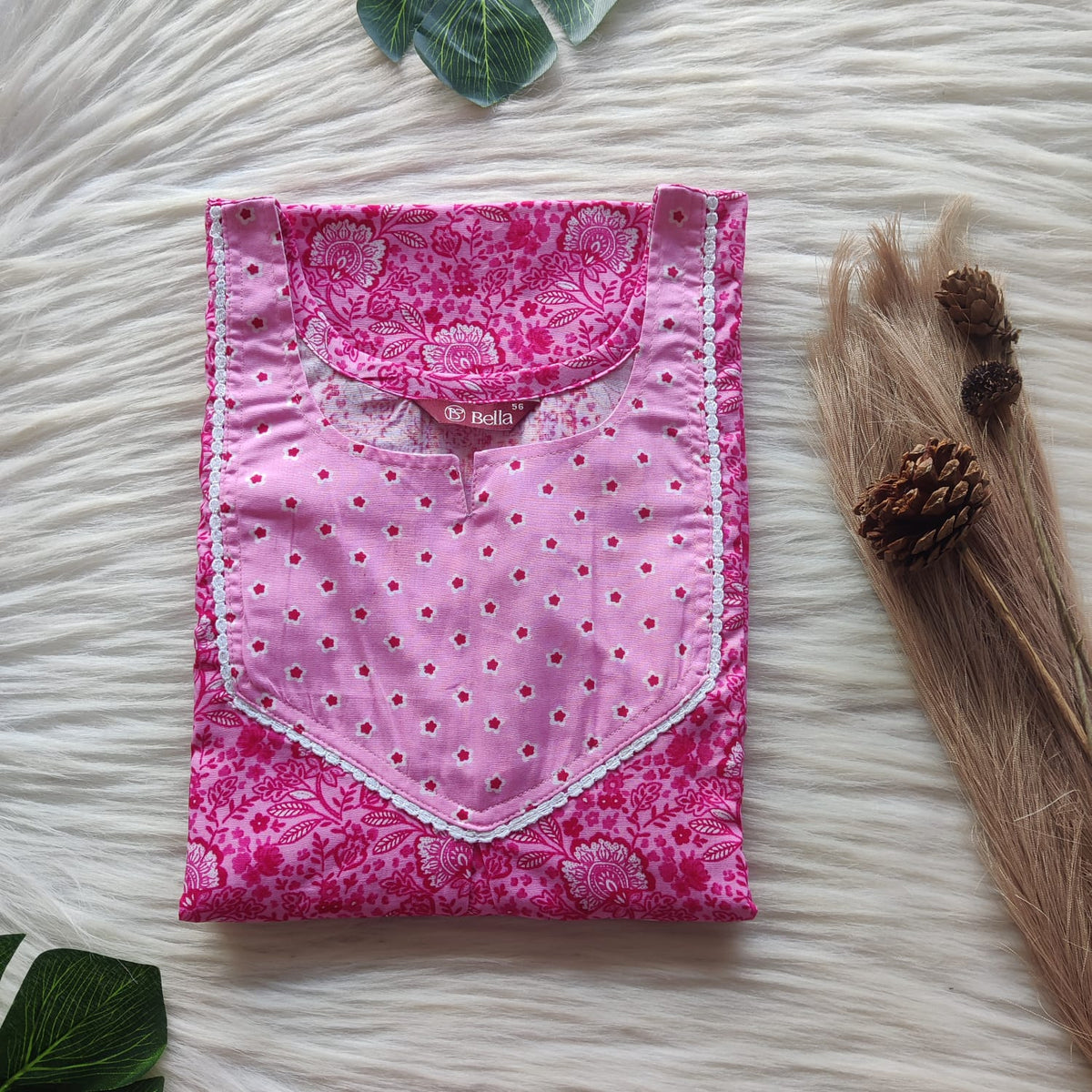Pale And Dark Pink Floral Printed Premium Cotton Mix N Match Lace Pocket Nighty | Free Size | Chest Width 44″| Length 56″