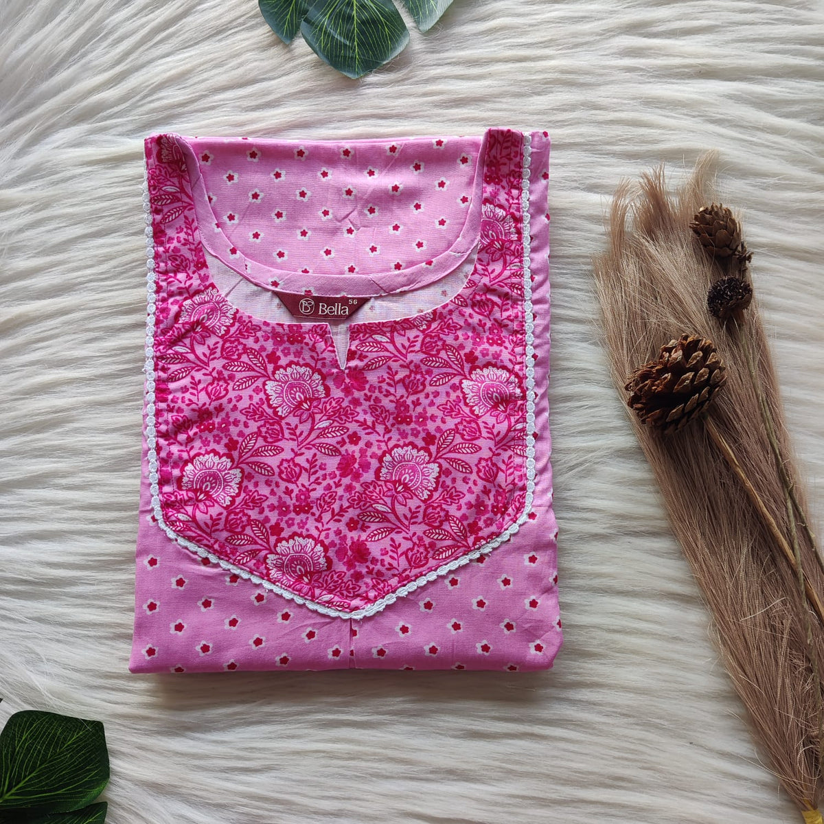 Dark And Pale Pink Floral Printed Premium Cotton Mix N Match Lace Pocket Nighty | Free Size | Chest Width 44″| Length 56″