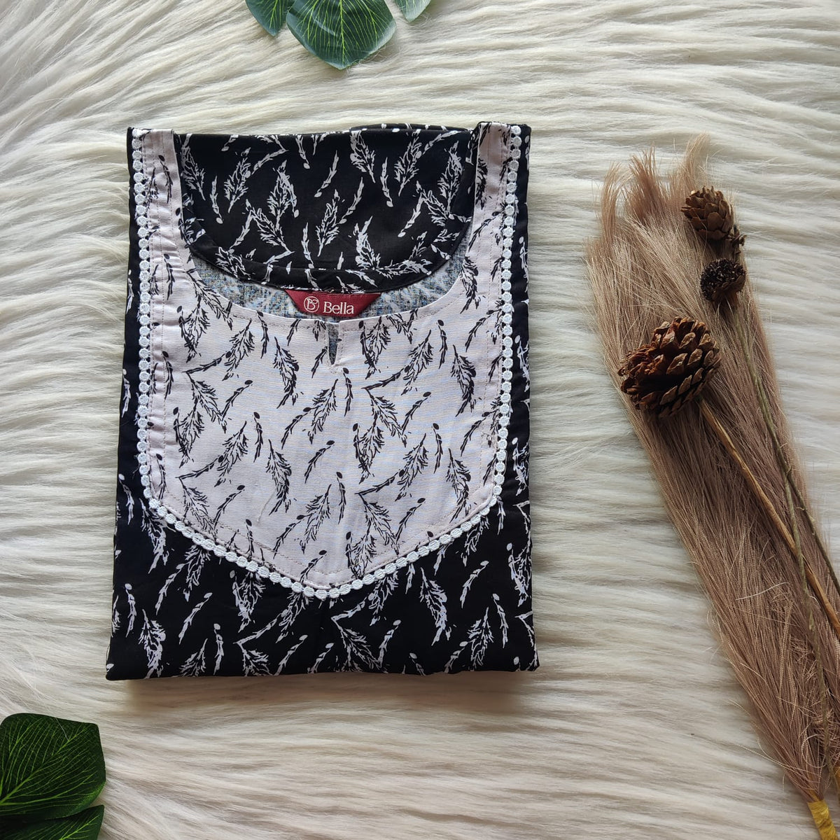 Grey And Black Printed Premium Cotton Mix N Match Lace Pocket Nighty | Free Size | Chest Width 44″| Length 56″