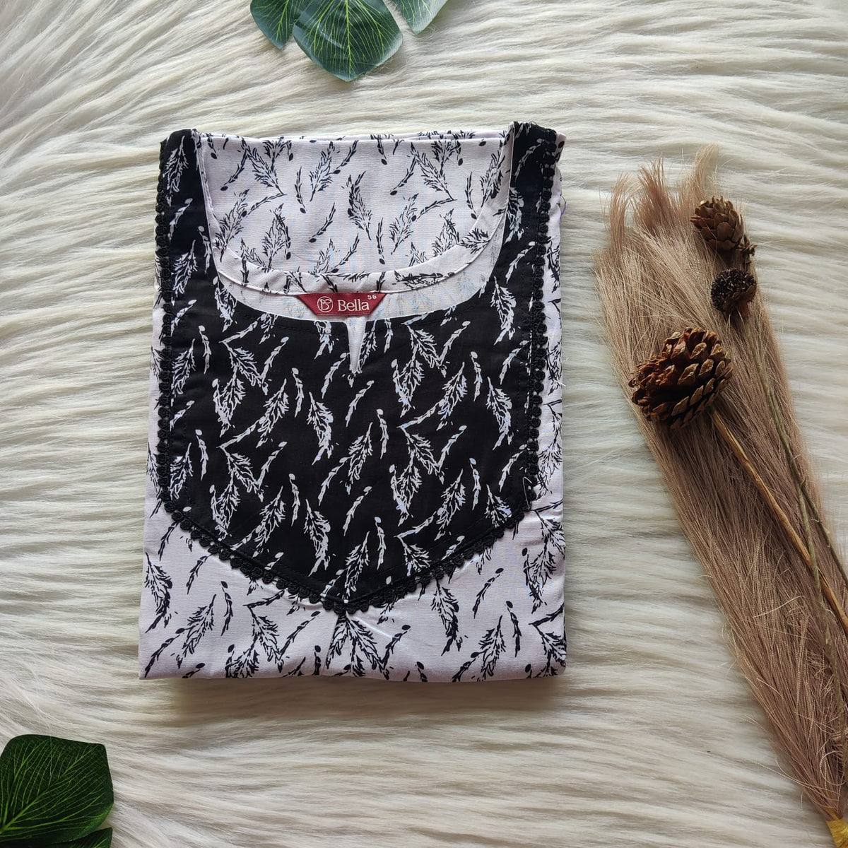 Black And Grey Printed Premium Cotton Mix N Match Lace Pocket Nighty | Free Size | Chest Width 44″| Length 56″