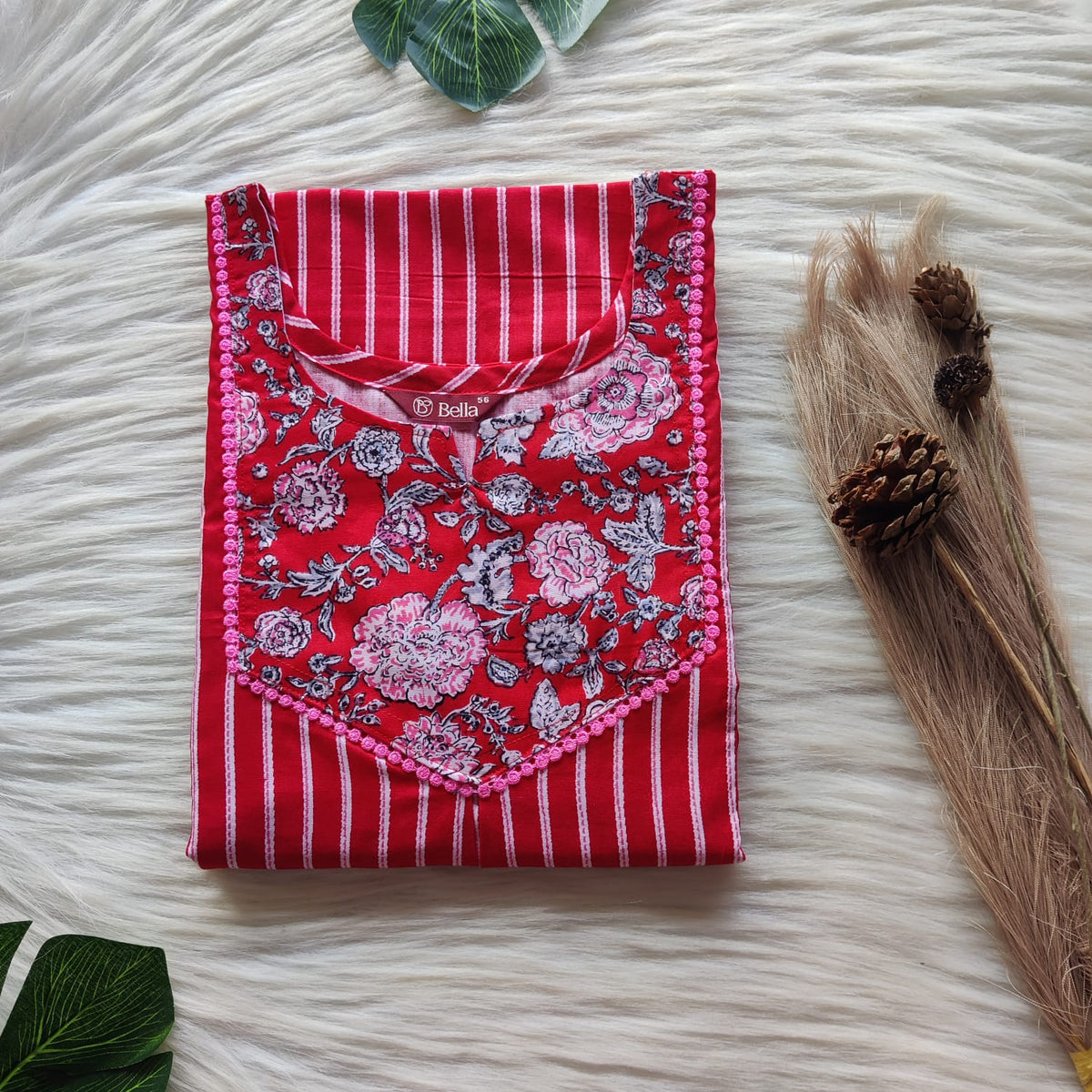 White And Red Stripes Printed Premium Cotton Mix N Match Lace Pocket Nighty | Free Size | Chest Width 44″| Length 56″