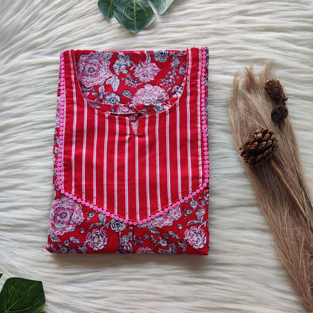 Red And White Floral Printed Premium Cotton Mix N Match Lace Pocket Nighty | Free Size | Chest Width 44″| Length 56″