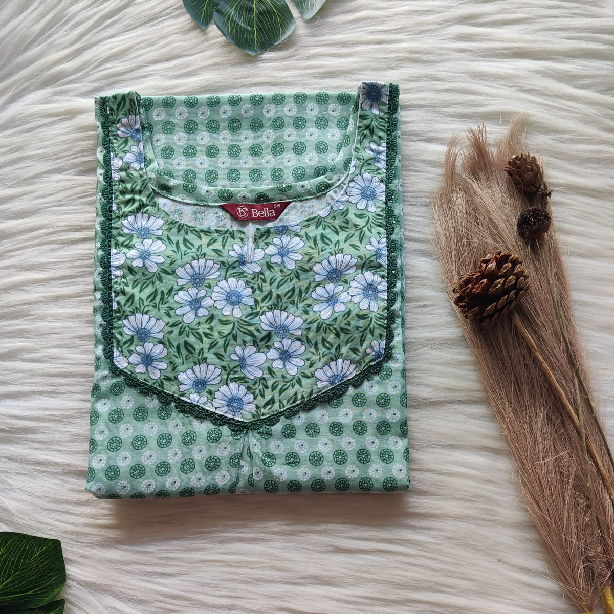 White And Green Printed Premium Cotton Mix N Match Lace Pocket Nighty | Free Size | Chest Width 44″| Length 56″
