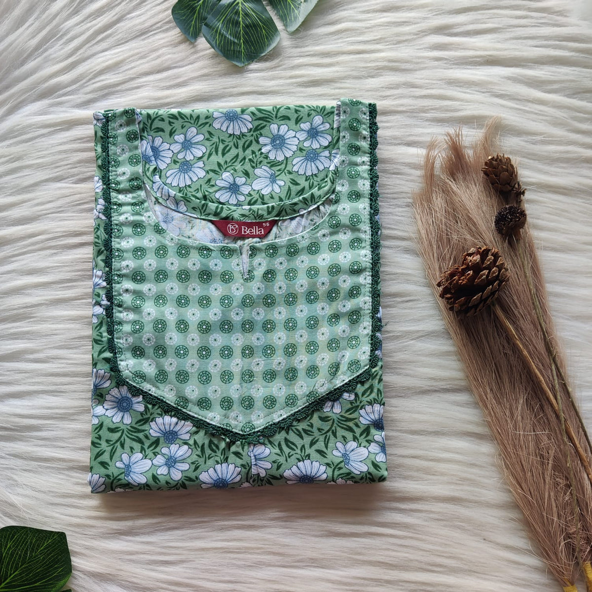 Green And White Floral Printed Premium Cotton Mix N Match Lace Pocket Nighty | Free Size | Chest Width 44″| Length 56″