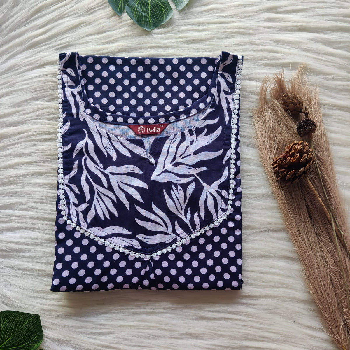 White And Navy Blue Dot Printed Premium Cotton Mix N Match Lace Pocket Nighty | Free Size | Chest Width 44″| Length 56″