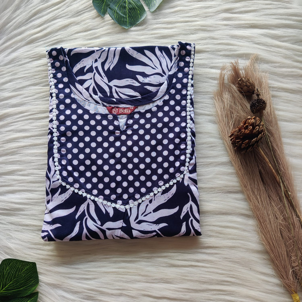 Navy Blue And White Leaf Printed Premium Cotton Mix N Match Lace Pocket Nighty | Free Size | Chest Width 44″| Length 56″