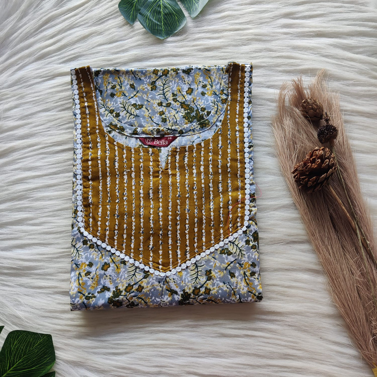 Olive Green And Grey Printed Premium Cotton Mix N Match Lace Pocket Nighty | Free Size | Chest Width 44″| Length 56″