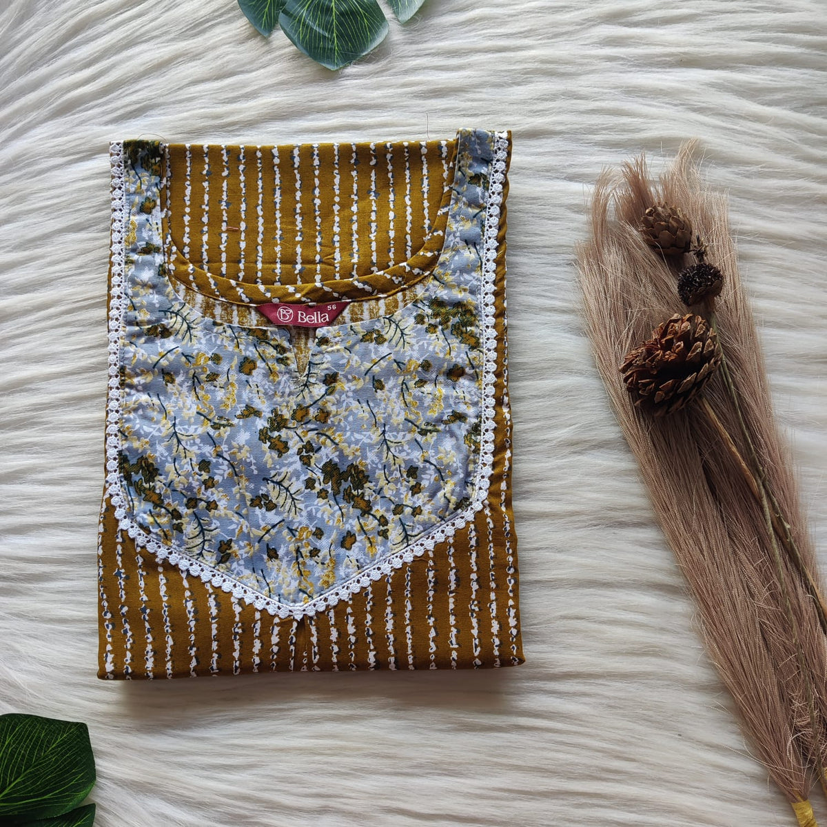 Grey And Olive Green Stripes Printed Premium Cotton Mix N Match Lace Pocket Nighty | Free Size | Chest Width 44″| Length 56″