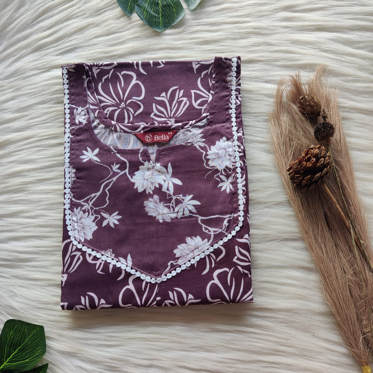 Pastel Purple And White Floral Printed Premium Cotton Mix N Match Lace Pocket Nighty | Free Size | Chest Width 44″| Length 56″